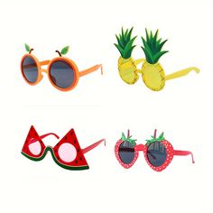 four pairs of sunglasses with pineapples, watermelon and sun glasses on them