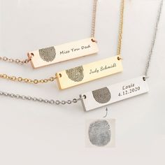 Personalized Custom Actual Fingerprint Bar Necklace This necklace is custom engraved with yours or your loved one's actual fingerprint on a bar necklace. The engraved fingerprint is laser engraved to the left of the bar pendant. Personalized fingerprint jewelry makes thoughtful gifts for special occasions such as birthdays, anniversaries, weddings, and funerals. Fingerprint necklaces also makes great memorial necklaces for friends and family that have just suffered a loss. The bar necklace and 1 Laser Engraved Necklace, Engraved Pendant Necklace, Laser Engraving Jewelry Ideas, Engraved Jewelry Ideas, Xtool F1, Thumbprint Necklace, Customised Jewellery, Friend Drawings, Personalized Engraved Jewelry