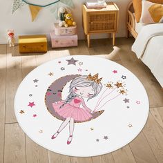 Adorable Round Children's Rug Where Dreams Are Reflected Outside - A Journey to a Fairytale World with the Pink Dressed Crowned Girl Pattern As BestHomeCarpets, we are here with a special design that colors your children's rooms and accompanies their dream worlds! This round children's rug, decorated with cute crowned girl, stars, balloons and moon figures, is not just a rug, but also a magical playground for your children! A Fairytale-Like Design: This rug resembles a storybook with its cute pink-dressed crowned girl, shining stars, flying balloons and the moon floating in the sky. This design, which every child dreams of having in their room, will feed their imagination while adding color and joy to their rooms. Thanks to pastel colors and eye-catching patterns, your children's room will Pink Rug Nursery, Magical Playground, Princess Rug, Flying Balloons, Playroom Mats, Girls Room Rugs, Pink Girl Room, Textured Carpet, Fairy Tales For Kids