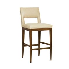 a bar stool with a white upholstered seat and wooden frame, against a white background