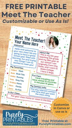 a printable teacher's poster with the text meet the teacher you name here