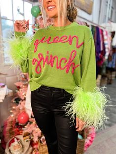 Grinch Christmas Sweater Ideas, Grinchmas Outfits, Grinch Christmas Outfits, Grinch Ugly Christmas Sweater, Grinch Themed Christmas Party Outfit, Grinch Christmas Sweater Diy, Ugly Sweater Ideas For Women, Grinch Sweater, Grinch Ugly Christmas Sweater Diy