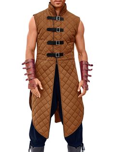 PRICES MAY VARY. Renaissance Halloween Cosplay Aketon Jacket Vest/ Thick Quality Sleeveless Full Length Costume Coat for men, well made of good-quality material, cotton padded is ultra soft, breathable and comfortable to wear. Features: Diamond quality cotton long surcoat for men, Lightweight upper body but not thin. It festures sleeveless, stand collar, four leather belt buckles, the vinatge cosplay maverick coat is perfect for spring/ autumn/ winter to wear in special event. ★ Do not includ wa Armor Medieval, Medieval Gothic, Viking Costume, Leather Belt Buckle, Coat For Men, Sleeveless Coat, Larp Costume, Man Pad, Medieval Knight