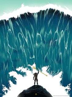 a man standing on top of a giant wave holding a baseball bat in his hand