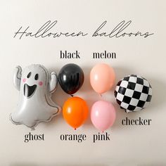 halloween balloons and ghost balloons are arranged on a white wall with the words, halloween balloons, black melon, ghost orange pink checker