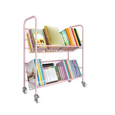 a pink metal book rack with books on wheels