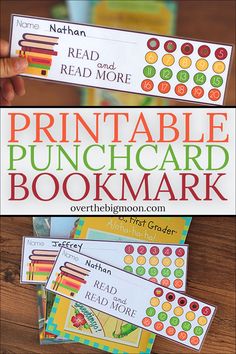 the printable punch card bookmark is on display in front of some other books