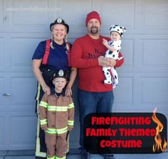 a family dressed up as fire fighters posing in front of a garage door for halloween