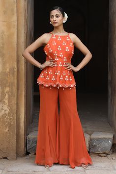 Shop for Nitisha Kashyap Official Orange Uppada Silk Mirror Embroidered Peplum Kurta And Sharara Set for Women Online at Aza Fashions Sarara Dress, Kurta And Sharara Set, Kurta And Sharara, Sharara Designs, Haldi Outfits, Embroidery Mirror, Recycled Dress, Designer Kurti Patterns, Long Kurti Designs