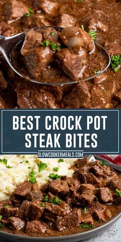 Crock pot steak bites on a plate with mashed potatoes. Crockpot Recipes Minute Steak, Beef Cubes Recipe Slow Cooker, Beef Tips And Broccoli Crock Pots, Easy Family Recipes Crockpot Steak Bites, Crock Pot Meals For Men, Cube Steak Bites Recipes, Steak Bites Crock Pot Recipes, Steak Recipes In Crock Pot, Crockpot Kettle Beef