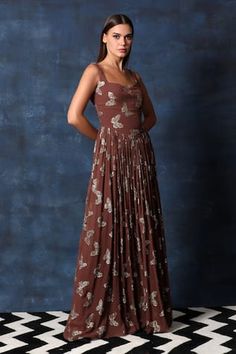 Brown sleeveless gathered flare gown in georgette base with all over butterfly embellishments and V waistline. - Aza Fashions Fitted Pre-draped Sleeveless Gown, Pre-draped Fitted Sleeveless Gown, Fitted Sleeveless Pre-draped Gown, Sleeveless Pre-draped Summer Gown, Festive Sleeveless Dress With Fitted Bodice, Pre-draped Embellished Dresses For Festive Occasions, Festive Sleeveless Evening Dress With Fitted Bodice, Fitted Dress With Sweetheart Neckline For Reception, Festive Pre-draped Embellished Dresses