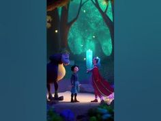 an animated scene with two people standing in front of a forest and one person holding a candle