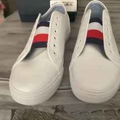 Brand New Tommy Hilfiger White Tennis Shoes Size 10. Fit True To Size Tommy Hilfiger Sneakers For Spring, Trendy Tommy Hilfiger Sneakers For Spring, Tommy Hilfiger Round Toe Sneakers For Spring, Tommy Hilfiger Slip-on Synthetic Sneakers, White Tennis Shoes, Hilfiger Shoes, Tommy Hilfiger Shoes, Shoes Color, Tennis Shoes