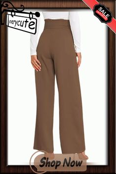 Khaki Wide Leg High Waist Pocket Pants with Belt Non-stretch Brown Wide Leg Pants With Pockets, Brown Wide Leg Pants With Pockets, Khaki Solid Color Bottoms For Workwear, Khaki Bottoms For Workwear, Khaki High Waist Dress Pants With Pockets, High Waist Khaki Dress Pants With Pockets, Brown Wide Leg Dress Pants With Pockets, Khaki Workwear Pants, Brown Wide-leg Dress Pants With Pockets