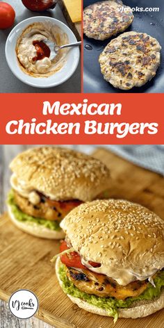 mexican chicken burgers with tomatoes, lettuce and cheese on the side are ready to be eaten