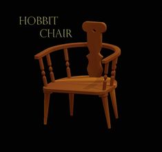 a wooden chair sitting on top of a black floor next to a sign that says hobbit chair