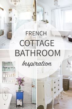 the french cottage bathroom is decorated in white and blue