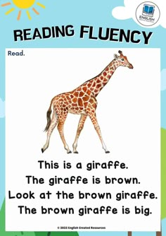 a giraffe reading flueny with the words, this is a giraffe