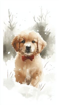 a watercolor painting of a puppy wearing a bow tie sitting in the snow with trees behind him