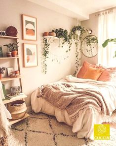 a bedroom with lots of plants on the wall