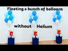 two pictures of balloons floating on top of each other in the air with teddy bears attached to them