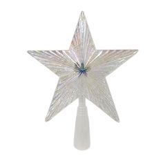 a clear glass star ornament on a white background