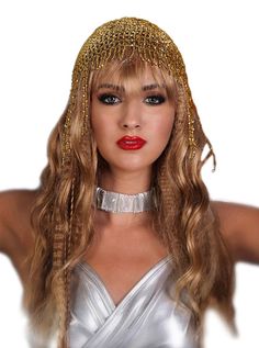 "Sassy headdress hat with all over shiny beads and fringe in front and back. Beads hang 4\"-6\" in the back and 1\" front with Stretch to fit around entire head. Color: Gold" Adjustable Crown Costume Accessories For Party, Bohemian Headpiece For Mardi Gras Party, Bohemian Headband Costume Hats And Headpieces For Party, Bohemian Mardi Gras Party Costume Headpiece, Adjustable Silver Costume Hats And Headpieces For Festival, Silver Adjustable Headpieces For Carnival, Adjustable Silver Headpiece For Carnival, Bohemian Mardi Gras Party Headpiece, Bohemian Mardi Gras Party Hat