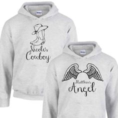 Cowboy & Angel Design Personalized with Your Names Hoodies Personalized Cotton Sweatshirt For Winter, Personalized Relaxed Fit Winter Sweatshirt, Casual Personalized Cotton Hoodie, Casual Personalized Crew Neck Hoodie, Casual Hoodie With Name Print For Winter, Casual Winter Hoodie With Name Print, Casual Crew Neck Hoodie With Personalized Details, Casual Crew Neck Hoodie With Personalization, Casual Cotton Hoodie Personalized