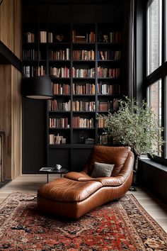 Create your dream home library with elegant bookshelves, cozy reading nooks, and stylish decor. Discover inspiration for your personal literary haven. #HomeLibraryDesign #ElegantBookshelves #CozyReadingNook #StylishLibraryDecor #PersonalLibraryInspiration #HomeLibrary Cozy Library Living Room, Moody Reading Corner, Wood Panel Library, Library Home Aesthetic, Home Library Office Ideas, Small Home Library Aesthetic, Mcm Library, Luxury Library Room, Scandinavian Library