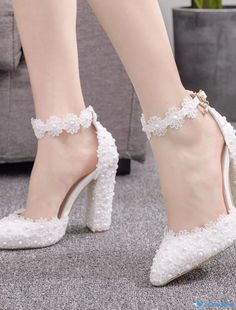 OrcaJump - Womens White Lace Pearl Pointed Heel Wedding Faux Leather Ankle Strap Heels Synthetic Ankle Strap Wedding Shoes With Heel Strap, Synthetic Wedding Shoes With Heel Strap, Open Toe Synthetic Wedding Shoes, Synthetic Closed Toe Wedding Shoes, Synthetic Block Heel Wedding Shoes, Lace Wedding Shoes With Block Heel For Party, Spring Ceremony Ankle Strap Heels, White Synthetic Wedding Shoes, Pointed Heels