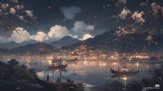 a painting of boats floating on top of a body of water at night with mountains in the background