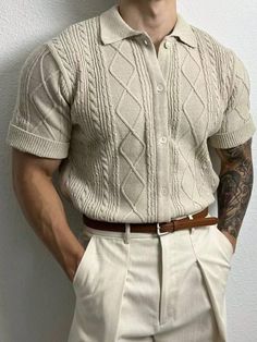 Manfinity Homme Men's Short Sleeve Single-Breasted Knitted Top | SHEIN USA Dark Academia For Men, Dark Academia Outfit Men Summer, Man Dark Academia, Dark Academia Winter Outfit, Academia Aesthetic Outfit Men, Mens Smart Casual Outfits, Mens Business Casual Outfits, Classy Outfits Men, Smart Casual Men