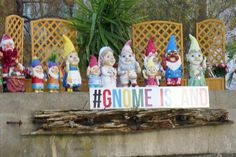 a group of gnomes sitting on top of a stone wall next to a sign that says gnome island