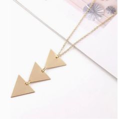 Triangle Necklace Gold Alloy Necklaces Nickel Free, Trendy Nickel-free Dangle Necklaces, Elegant Triangle Necklace For Gifts, Gold Triangle Jewelry, Long Triangle Necklace, Nickel-free Gold Alloy Necklaces, Gold Nickel-free Alloy Necklace, Elegant Triangle-shaped Jewelry, Elegant Gold Triangle Necklace