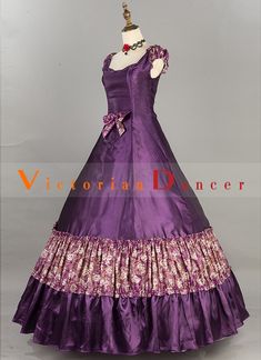 Purple Floral Victorian Southern Belle Lolita Princess Ball Gown   Condition: Brand New  Color: amp;nbsp; Purple  Material: This Victorian Southern Belle Dress is made of amp;nbsp; High Quality Cotton and Satins,smooth, soft and comfortable to wear  Sleeve Length: Short Sleeve  Dresses Length:Floor-Length  Neckline: amp;nbsp; Square Collar  Decoration: Ruffles + Bow  Style: This dress is perfect for civil war,victorian,medieval,regency,renaissance, wedding, cosplay, themed party, photograph, sta Regency Style Purple Wedding Dress, Purple Floor-length Costume Dress, Purple Ruffled Costume Dress, Purple Ruffled Dress For Costume, Purple Costume Dress With Fitted Bodice, Vintage Purple Victorian Dress For Wedding, Purple Vintage Victorian Dress For Wedding, Purple Fitted Bodice Dress For Costume, Fitted Purple Victorian Costume Dress