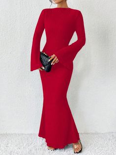 Women's Solid Color Simple Casual Long Sleeve Dress Red Elegant  Long Sleeve Fabric Plain Bodycon High Stretch  Women Clothing, size features are:Bust: ,Length: ,Sleeve Length: Red Dress Casual, Cute Red Dresses, Simple Fits, Soft Dress, Long Sleeve Casual Dress, Printed Sleeveless Top, Estilo Hip Hop, Elegant Dresses Long, Pajama Set Women