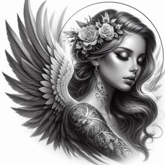 a woman with wings and roses on her head is depicted in this tattoo art drawing