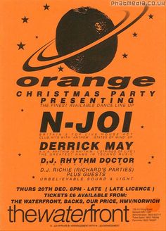 an orange and black poster with the words orange christmas party n - joi