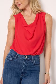 Elevate your wardrobe with this gorgeous cowl neck tank by EVEREVE, finished in drapey red fabric with a back keyhole button closure. Style with blue or white denim for a chic night-out look. Casual Summer Top With Cowl Neck, Summer Casual Cowl Neck Top, Casual Cowl Neck Top For Summer, Versatile Cowl Neck Top For Spring, Fitted Cowl Neck Blouse For Spring, Chic Summer Tank Top With Cowl Back, Versatile Summer Cowl Neck Top, Versatile Cowl Neck Summer Top, Summer Cowl Neck Top