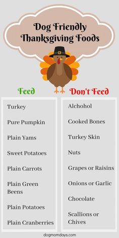 a thanksgiving menu with the words, dog friendly thanksgiving foods and don't feed