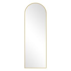 an arch shaped mirror with gold trimmings on the bottom and sides, against a white background