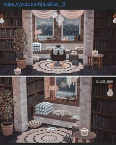 two different views of a living room with bookshelves