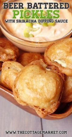 beer battered pickles with sriraca dipping sauce