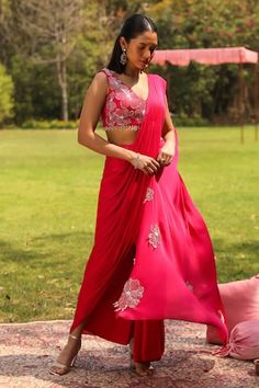 Pink pre-draped saree with a floral embroidered pallu. Paired with a blouse with floral embroidery and tassels. - Aza Fashions Draped Saree, Drape Saree, Pink Saree, Saree With Blouse, Floral Chiffon, Sarees Online, Aza Fashion, Floral Embroidery, Pink Floral