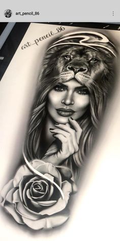 a pencil drawing of a woman with a lion's head on her face and a rose in her hand