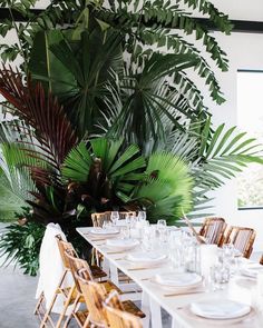 a long table with white plates and place settings in front of a large palm tree