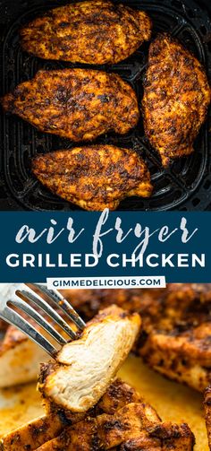 grilled chicken on the grill with text overlay that reads air fryer grilled chicken