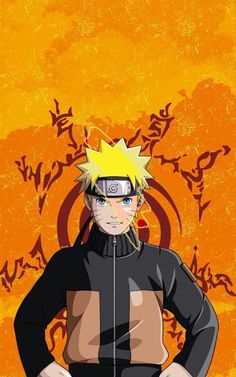 naruto is standing in front of an orange and yellow background with his hands on his hips