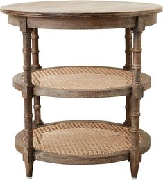 three tiered table with wicker baskets on the top and bottom shelf, against a white wall