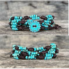 This Triple Wrap Bracelet Is Handmade With Picasso Finished Seed Beads And The Finest Quality Rustic Leather, This Triple Wrap Bracelet Is Very Versatile As It Looks Great With Just About Any Casual Outfit, Boho Jewelry Is Always In Style! The Focal Point Of This Beaded Bracelet Is The Patina Button Closure. I Have Added a Blue Patina Feather Charm To Complete The Look. This Bohemian Bracelet Is Perfect To Wear Alone Or Layered With Other Bracelets. NOTE: Please Keep In Mind That Due To Lighting Handmade Turquoise Leather Bracelet Spiritual, Rustic Adjustable Turquoise Beaded Bracelets, Southwestern Hand Wrapped Beaded Bracelets, Bohemian Turquoise Leather Bracelet With Round Beads, Rustic Blue Adjustable Beaded Bracelets, Rustic Adjustable Blue Bracelets, Rustic Blue Adjustable Bracelets, Rustic Adjustable Blue Beaded Bracelet, Rustic Blue Adjustable Beaded Bracelet